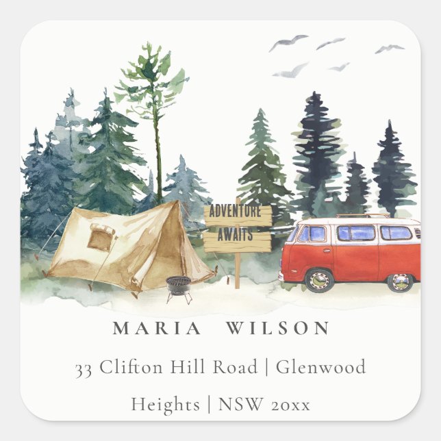 Elegant Camping Watercolor Pine Forest Address Square Sticker (Front)