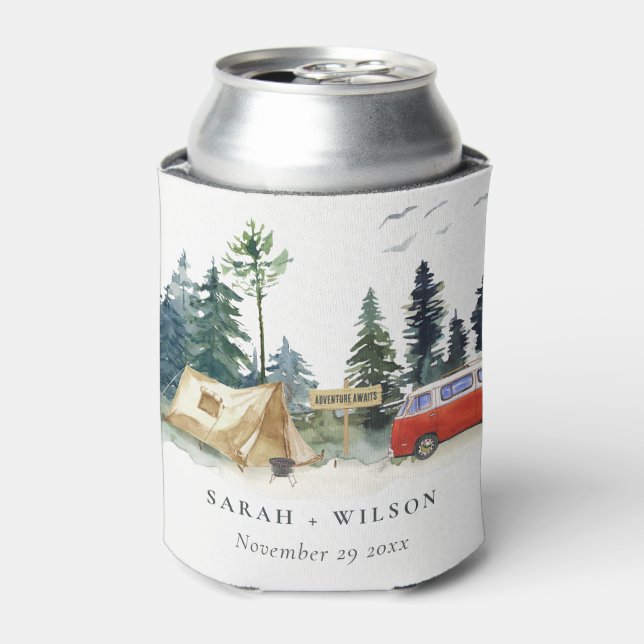 Elegant Camping Watercolor Pine Forest Wedding  Can Cooler (Can Front)