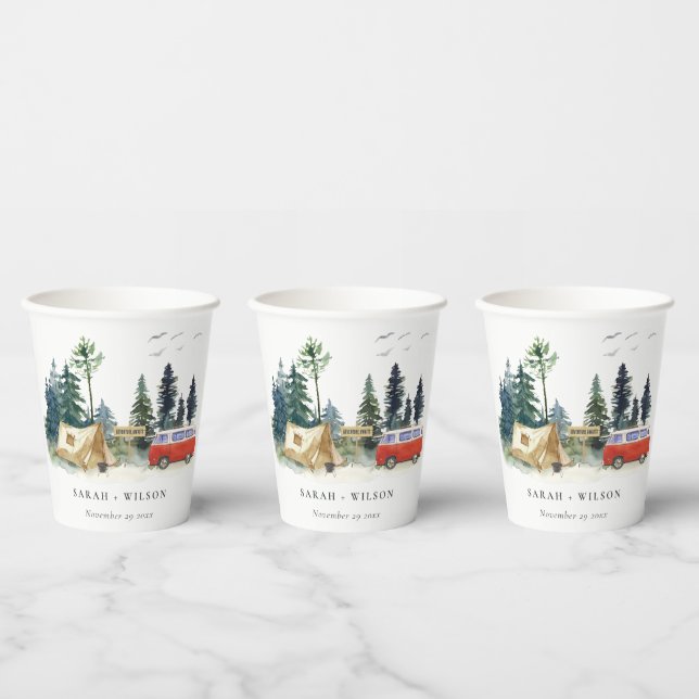 Elegant Camping Watercolor Pine Forest Wedding Paper Cups (Multi)