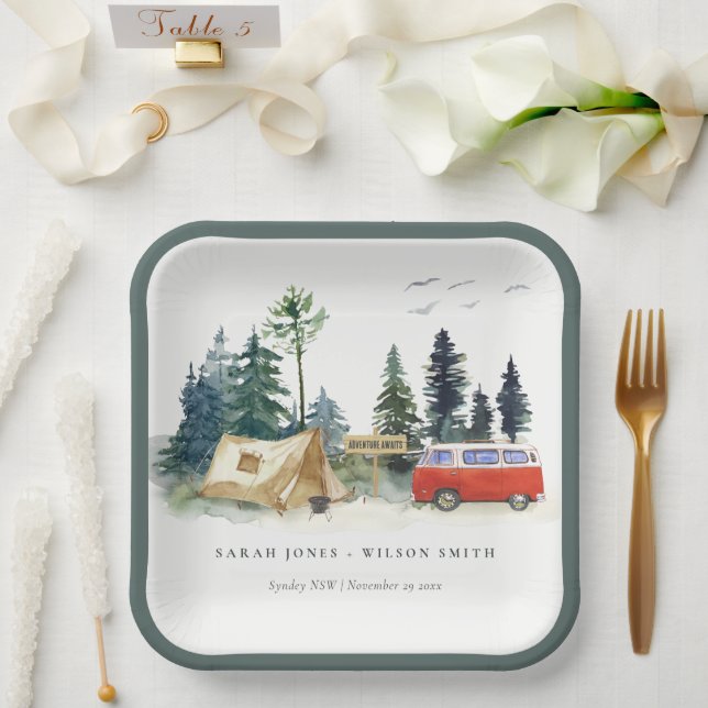 Elegant Camping Watercolor Pine Forest Wedding Paper Plate (Wedding)