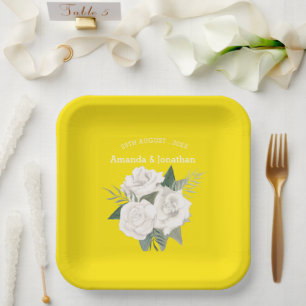 Elegant Canary Yellow and White Roses Wedding  Paper Plate