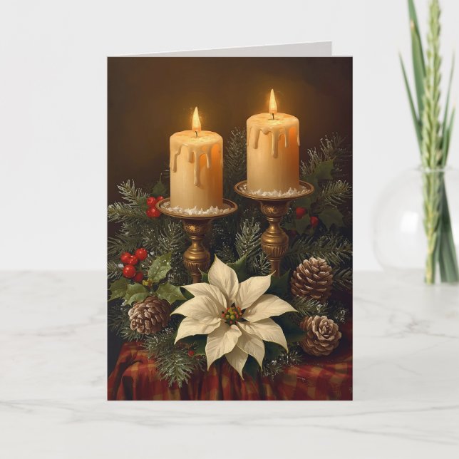Elegant candle Christmas holly pine warm festive  Card (Front)