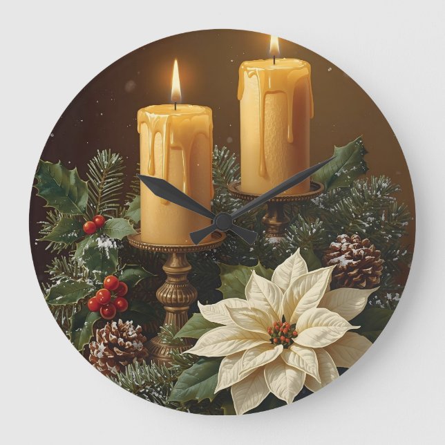 Elegant candle Christmas holly pine warm festive  Large Clock (Front)