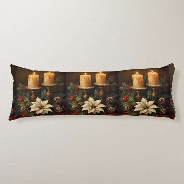 Elegant candle holly pine warm festive Christmas Body Cushion (Front)