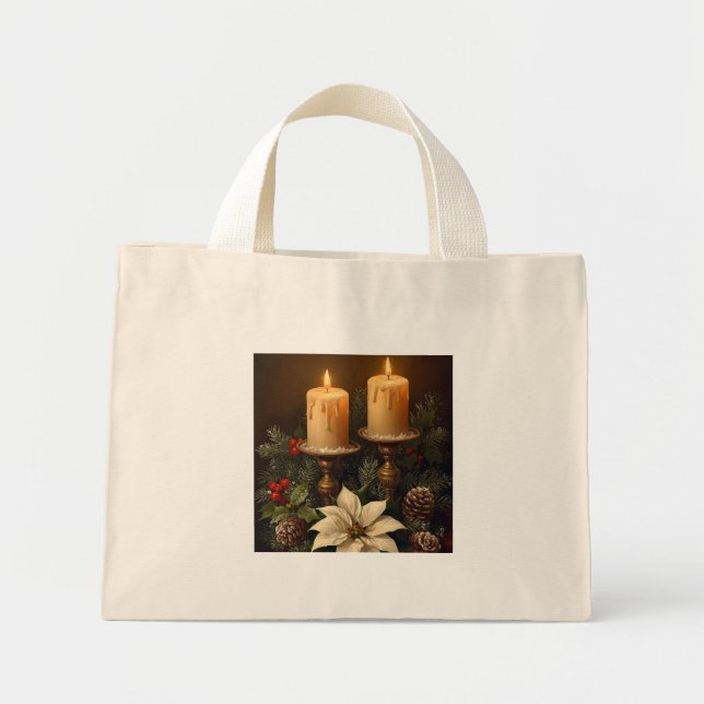 Elegant candle  holly pine warm rustic christmas mini tote bag (Front)