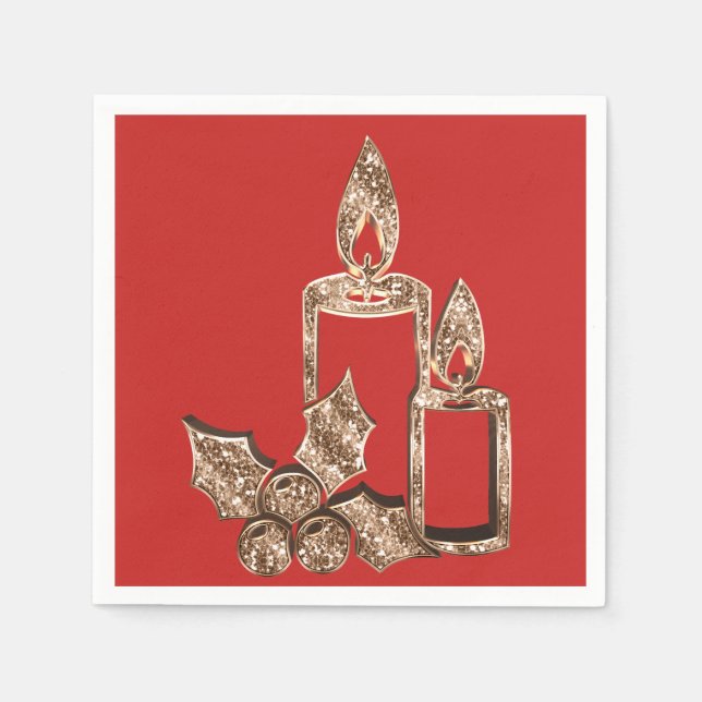 Elegant Candle Holly Red Gold Diamonds Christmas Napkin (Front)