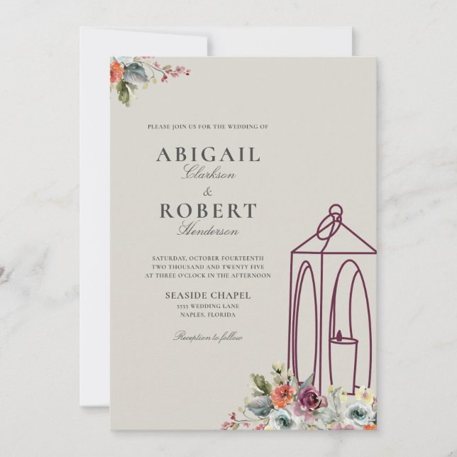 Elegant Candle Lantern Watercolor Floral Wedding Invitation (Front)