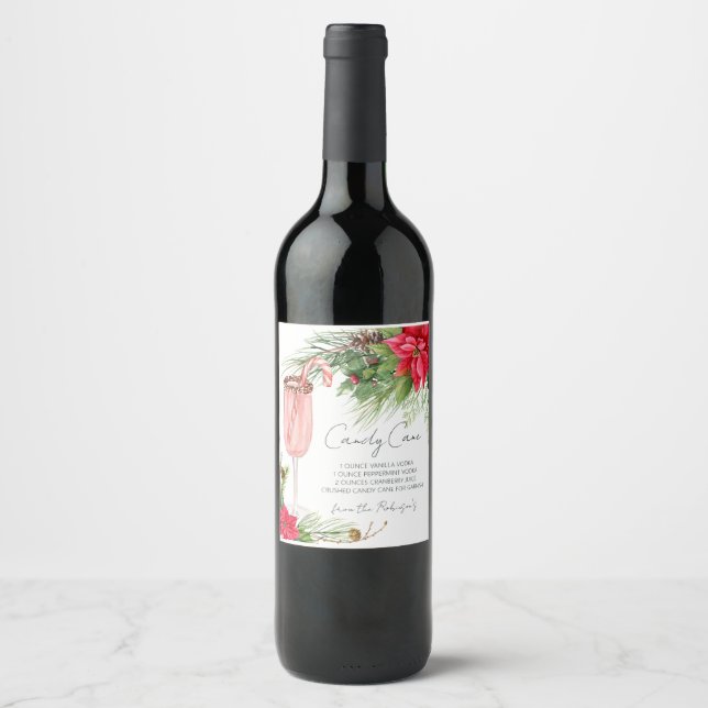 Elegant Candy Cane Cocktail Recipe Floral Wine Label (Front)