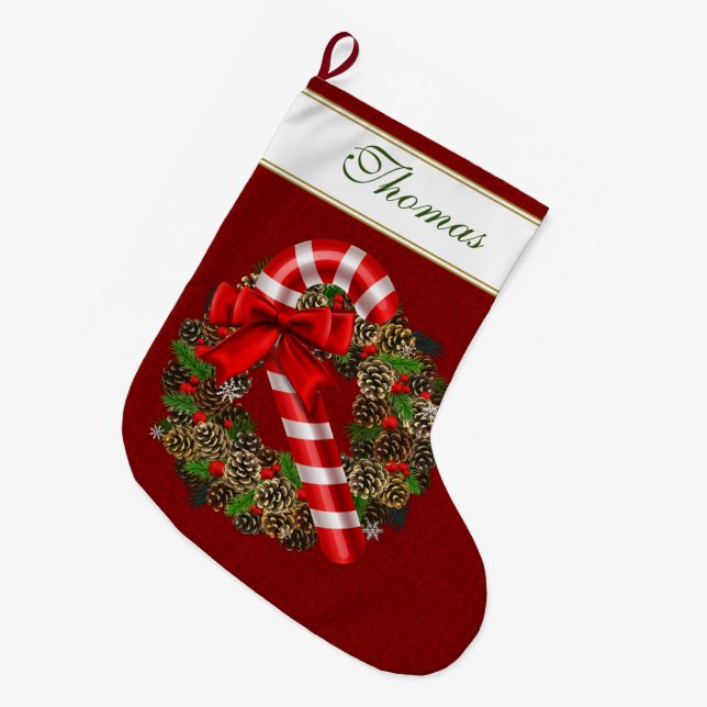 Elegant Candy Cane Red Ribbon Custom Monogram Large Christmas Stocking (Front (Hanging))