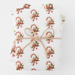 Elegant Candy Cane with Red Bow Set of 3 Christmas Wrapping Paper Sheet