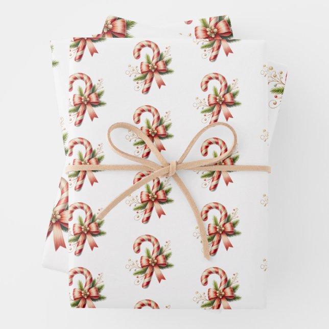 Elegant Candy Cane with Red Bow Set of 3 Christmas Wrapping Paper Sheet (In situ)