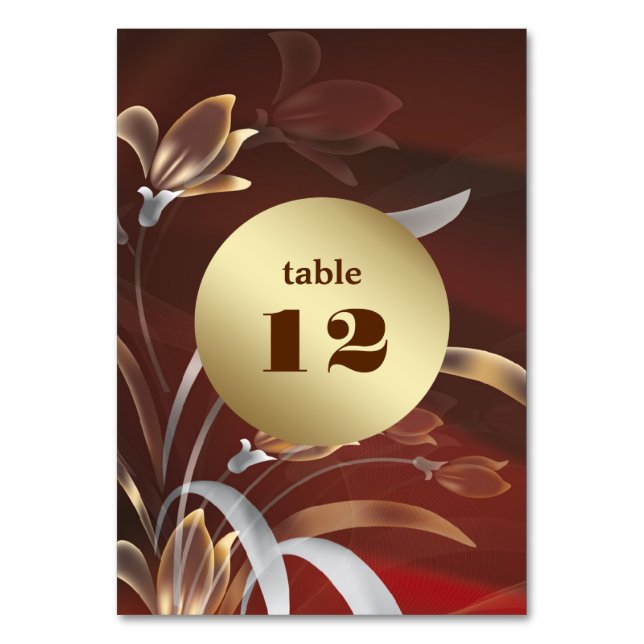 Elegant  Caoba | Gold Floral Table Number Cards (Front)