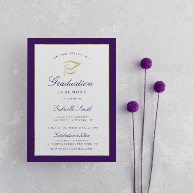 Elegant cap purple graduation ceremony invitation (Creator Uploaded)