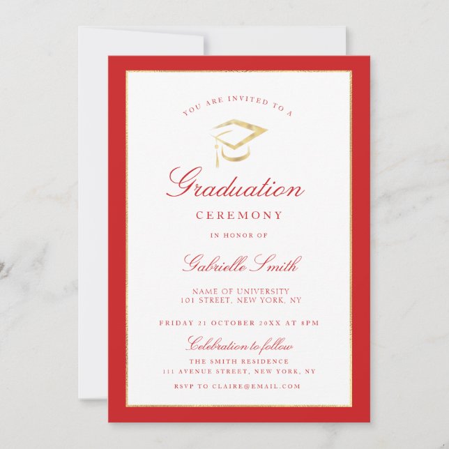 Elegant cap red graduation ceremony invitation (Front)