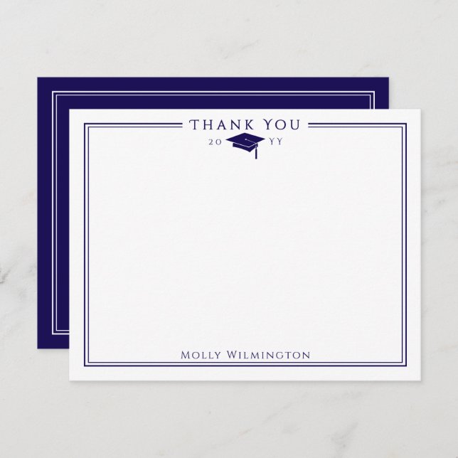 Elegant Cap & Tassel Navy Blue & White Graduation Thank You Card (Front/Back)
