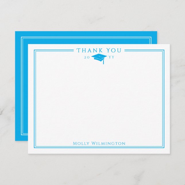 Elegant Cap & Tassel Sky Blue & White Graduation  Thank You Card (Front/Back)