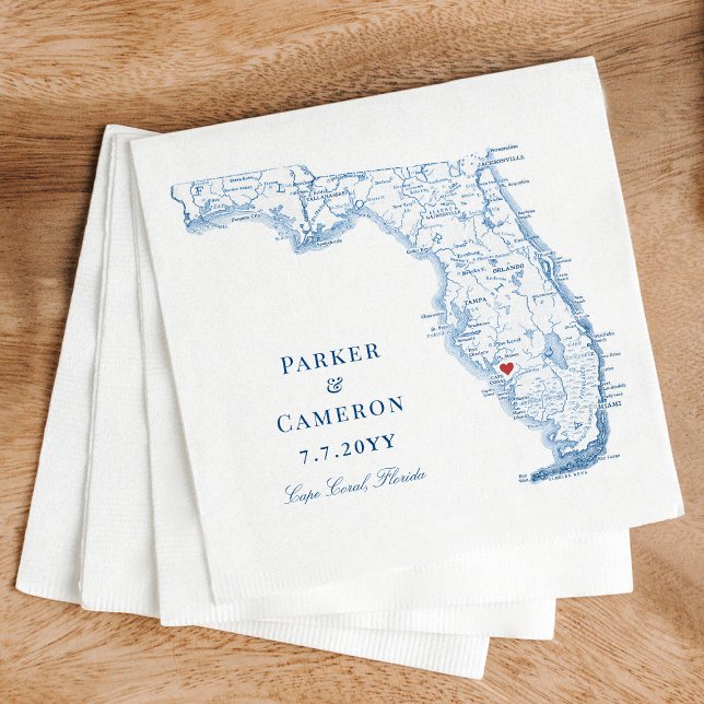 Elegant Cape Coral Florida Map Wedding  Napkin (Elegant Cape Coral Florida Wedding Napkins with navy blue map design from Coastal Map Designs)