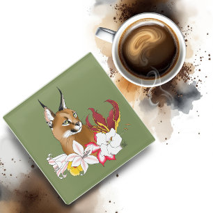 Elegant Caracal Wild Cat Lilies Floral Green Glass Coaster