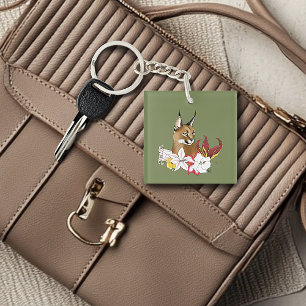 Elegant Caracal Wild Cat Lilies Floral Green Key Ring