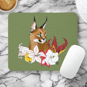 Elegant Caracal Wild Cat Lilies Floral Green Mouse Mat