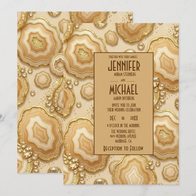 Elegant Caramel and Gold Geode Wedding Invitations (Front/Back)