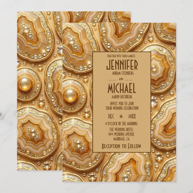 Elegant Caramel and Gold Geode Wedding Invitations (Front/Back)