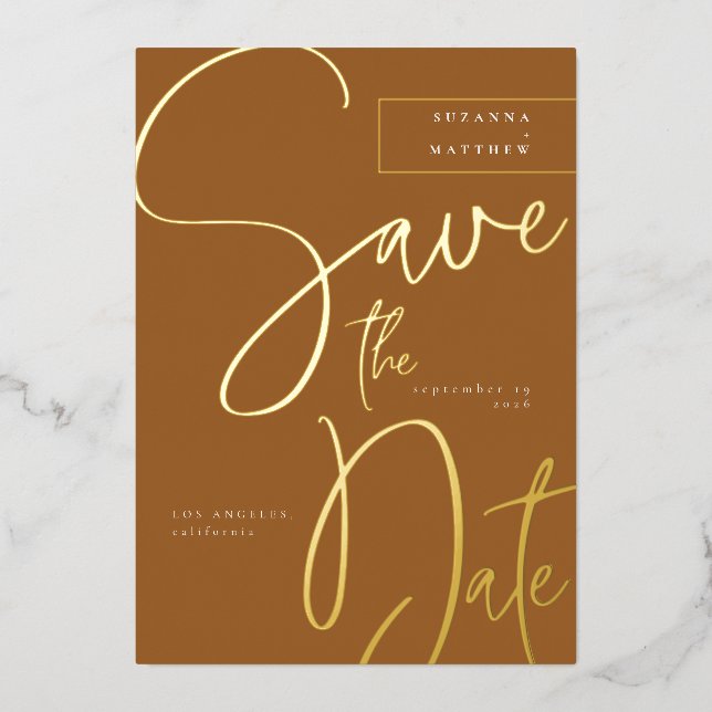 Elegant Caramel Brown Calligraphy Save the Date (Front)