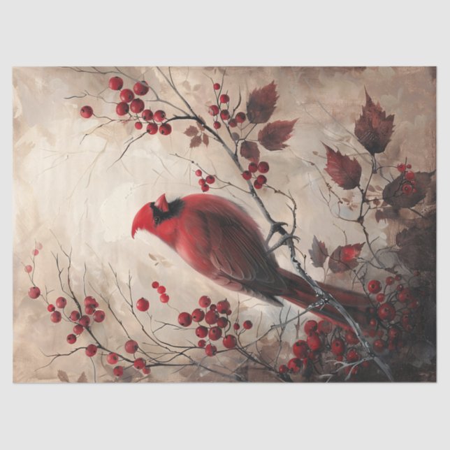 Elegant Cardinal and Berries Decoupage Tissue Paper (Front)