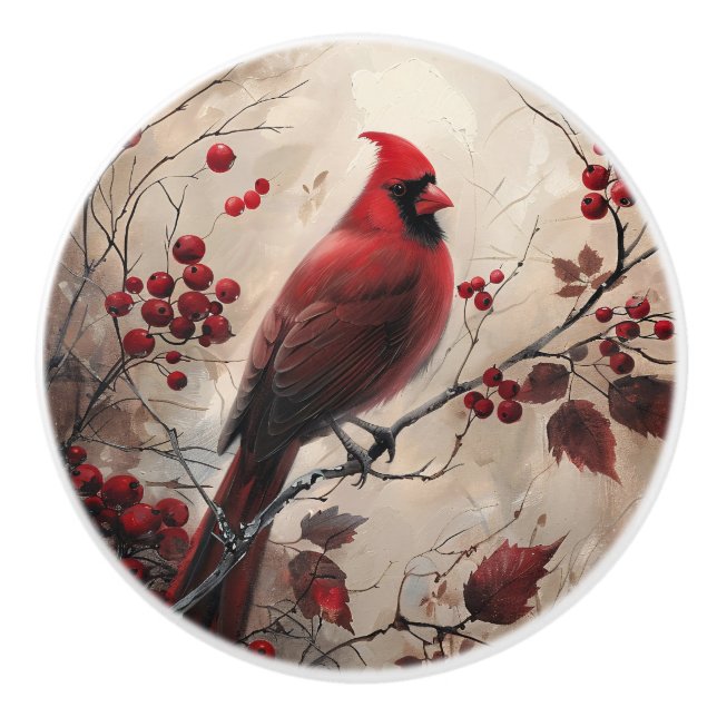 Elegant Cardinal and Berries Wildlife Painting Ceramic Knob (Front)