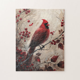 Elegant Cardinal and Berries Wildlife Painting Jigsaw Puzzle