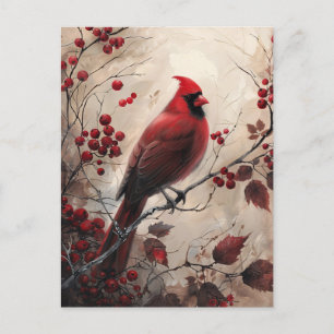 Elegant Cardinal and Berries Wildlife Painting Postcard