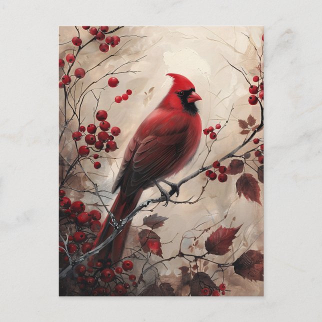 Elegant Cardinal and Berries Wildlife Painting Postcard (Front)