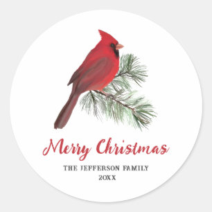 Elegant Cardinal Bird on Christmas Pine Monogram Classic Round Sticker