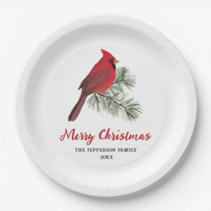 Elegant Cardinal Bird on Christmas Pine Monogram Paper Plate