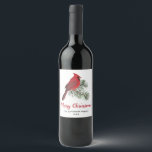 Elegant Cardinal Bird on Christmas Pine Monogram Wine Label<br><div class="desc">Modern watercolor script Merry Christmas and red Cardinal bird on a pine branch wine label. Personalise these and add these to your holiday party event or family gathering to make it even more special. Find more like this design in the Cardinal bird holiday collection below this product or in my...</div>