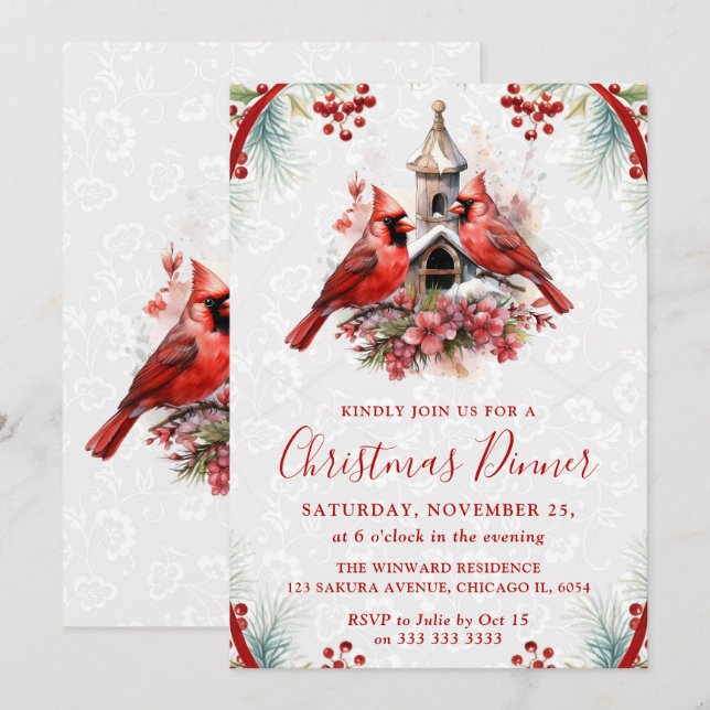 Elegant Cardinal Christmas Dinner Invitation (Front/Back)