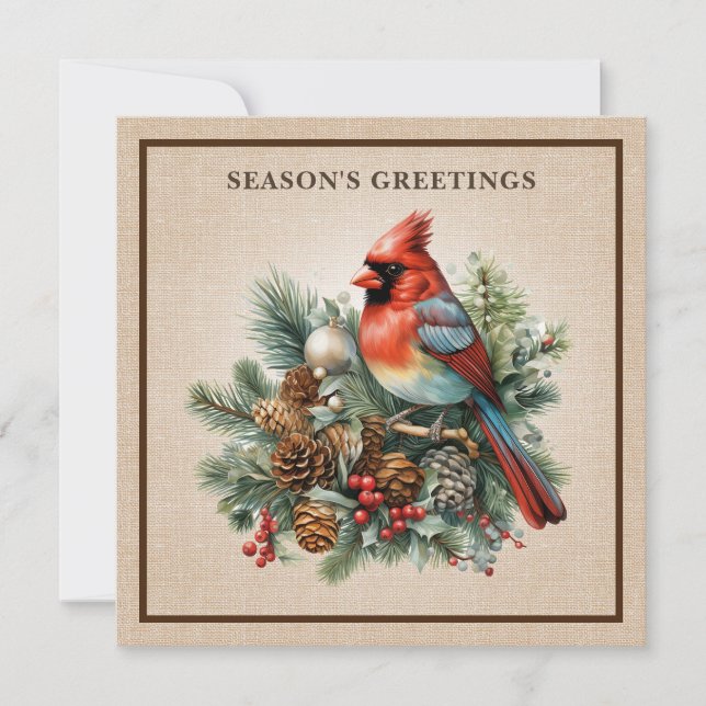 Elegant Cardinal Pinecones Woodland Burlap Luxury Holiday Card (Front)