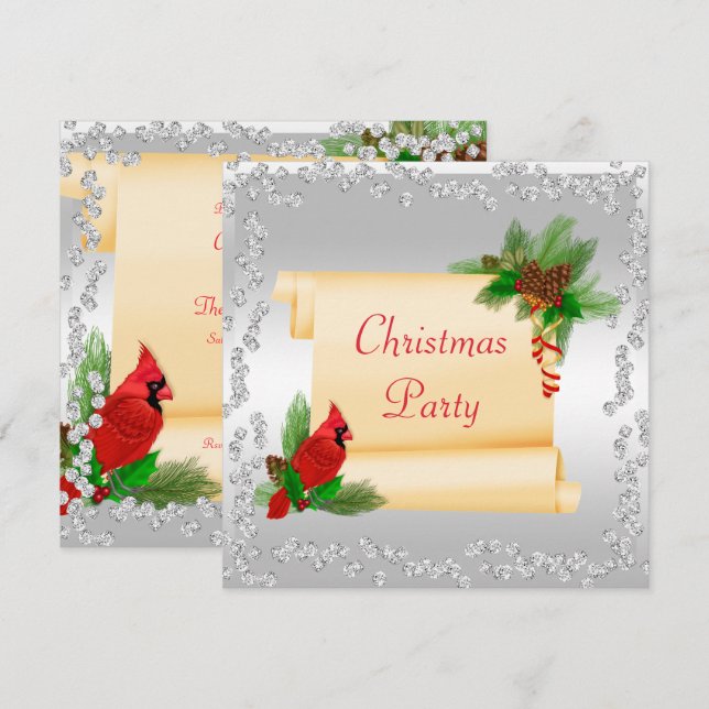 Elegant Cardinal & Scroll Diamonds Christmas Invitation (Front/Back)