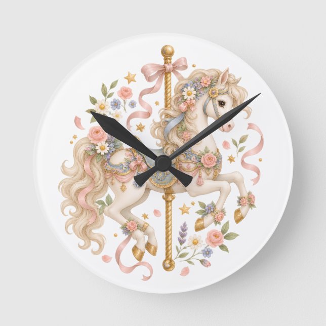 Elegant Carousel Horse French Fairytale Round Clock (Front)