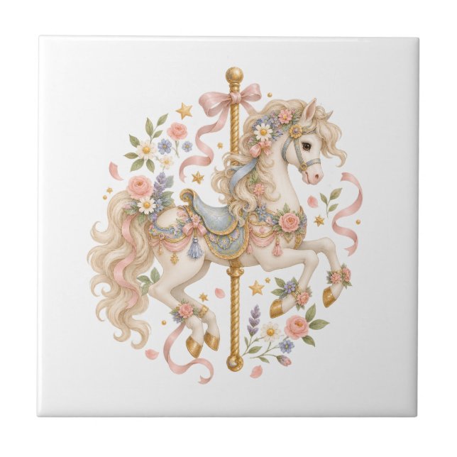 Elegant Carousel Horse French Fairytale Tile (Front)