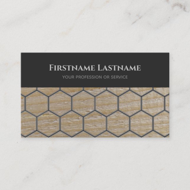 Elegant carpentry dark grey wooden plank hexagon b business card (Front)