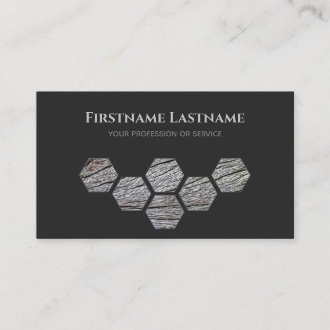 Elegant carpentry dark grey wooden plank hexagon business card (Front)