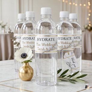 Elegant Carrara Marble & Gold Wedding Hydrate Water Bottle Label