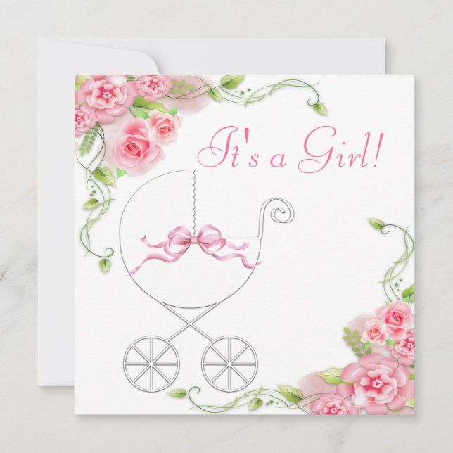 Elegant Carriage Pink Rose Baby Shower Invitations (Front)