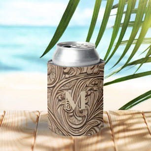Elegant Carved Light Wood Monogrammed Can Cooler