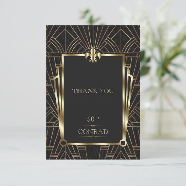 Elegant Casino Black Gold Art Deco 50th Birthday Thank You Card (Standing Front)