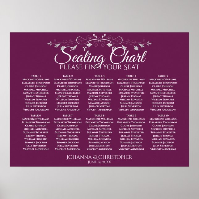 Elegant Cassis 10 Table Wedding Seating Chart (Front)