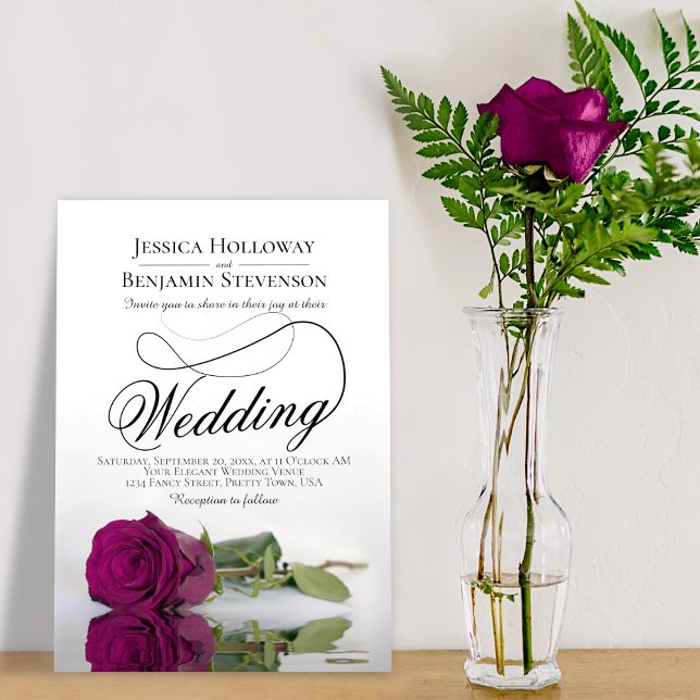 Elegant Cassis Magenta Rose Classy Script Wedding Invitation (Creator Uploaded)