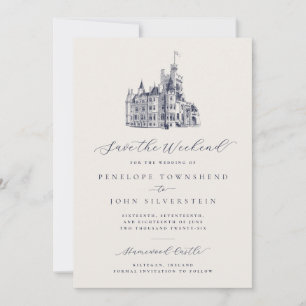 Elegant Castle Illustration Ivory Weekend Wedding Save The Date