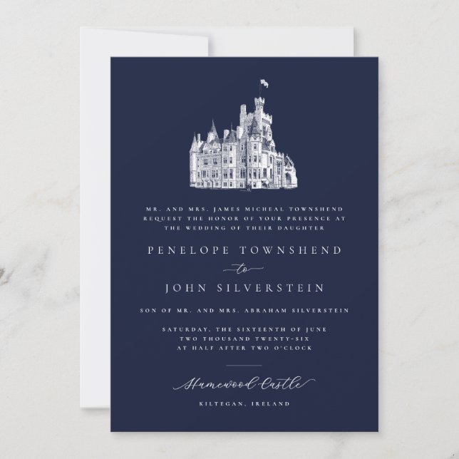 Elegant Castle Illustration Navy Formal Wedding  Invitation (Front)